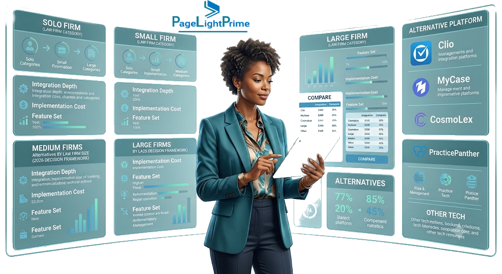 Decision framework comparing LEAP legal software alternatives by law firm size, highlighting key priorities for small law firms