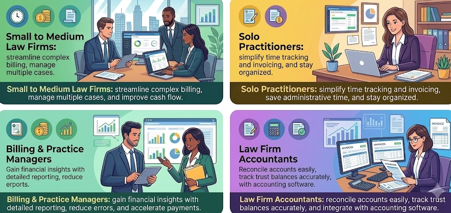 Legal accounting software interface showing trust accounting, billing, and financial reporting modules