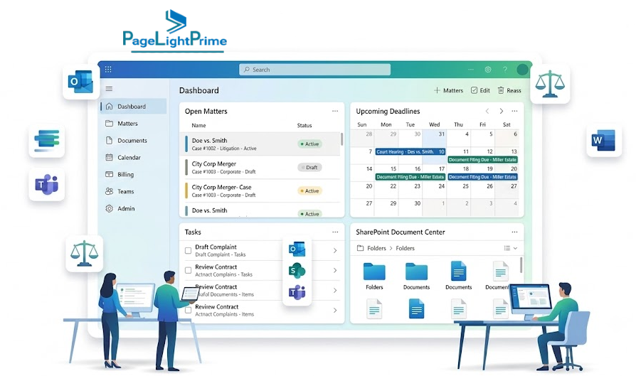 Microsoft 365 legal ecosystem including Outlook, Teams, Word, SharePoint, and Power BI for law firms