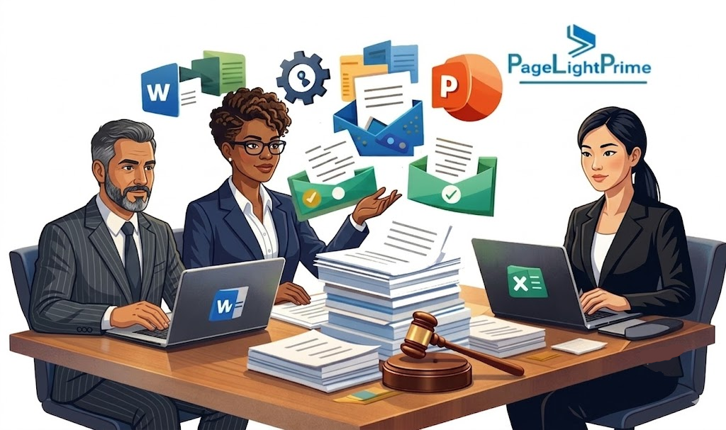 Microsoft 365 integration showing Outlook, Word, Teams, and SharePoint connected to legal billing system
