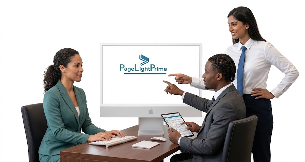 PageLightPrime Advantage webpage section highlighting a unified legal operations platform with features including client intake
