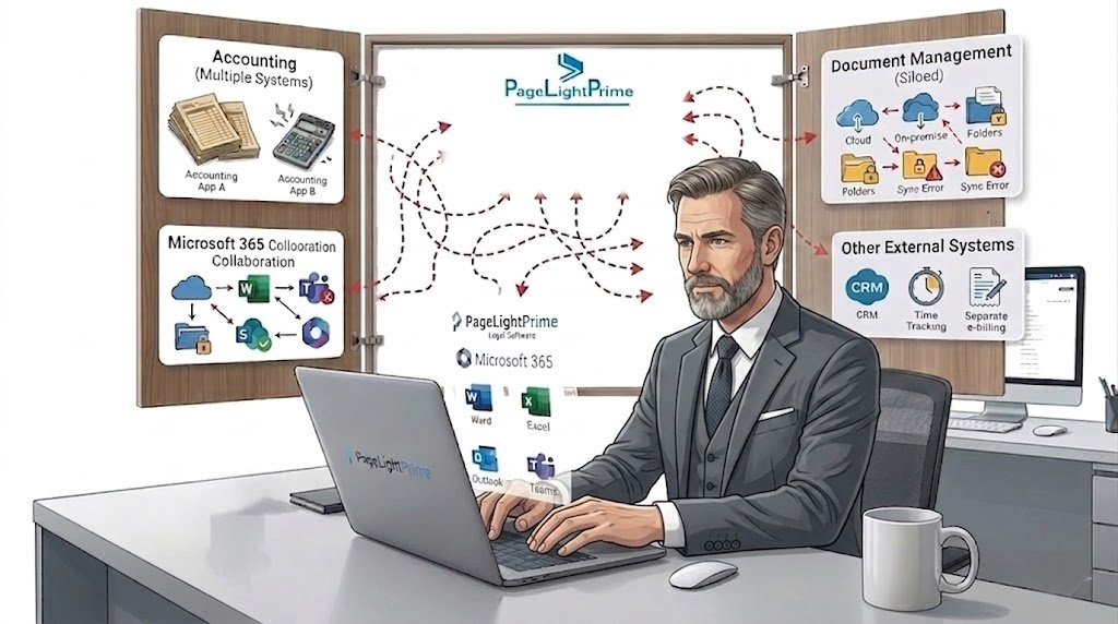PageLightPrime section explaining Microsoft 365 native legal document management, highlighting that documents stay in the firm's