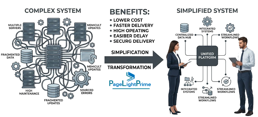 PageLightPrime unified legal operations platform alongside content explaining reduced system complexity