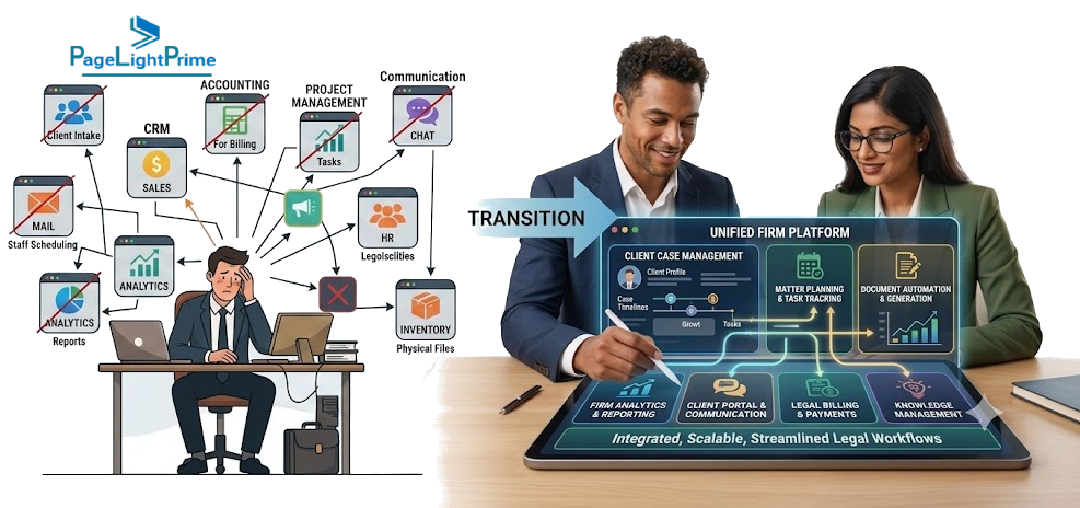 PageLightPrime unified legal operations platform infographic showing Microsoft 365 integration