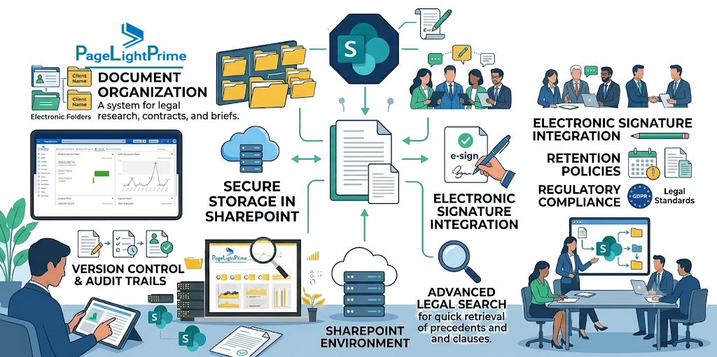 practice workflows, and practice-specific solutions. It explains that PageLightPrime uses SharePoint Online for legal document management