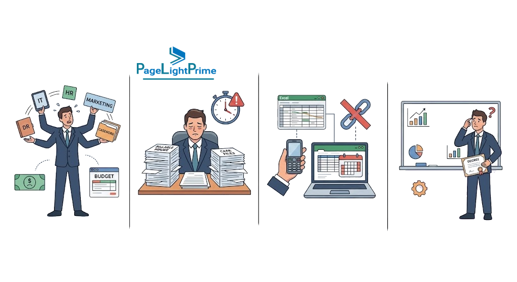 Legal workflow management dashboard showing matters, tasks, deadlines, and case status