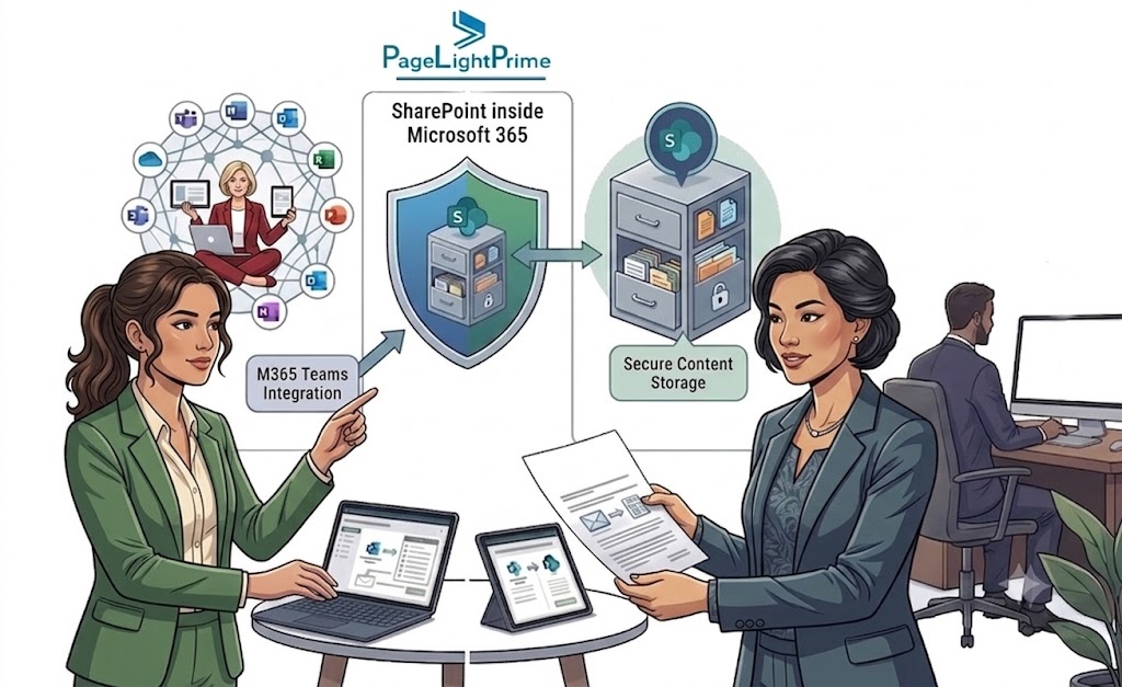legal professionals securely accessing cloud-based document management on a laptop with SharePoint, email