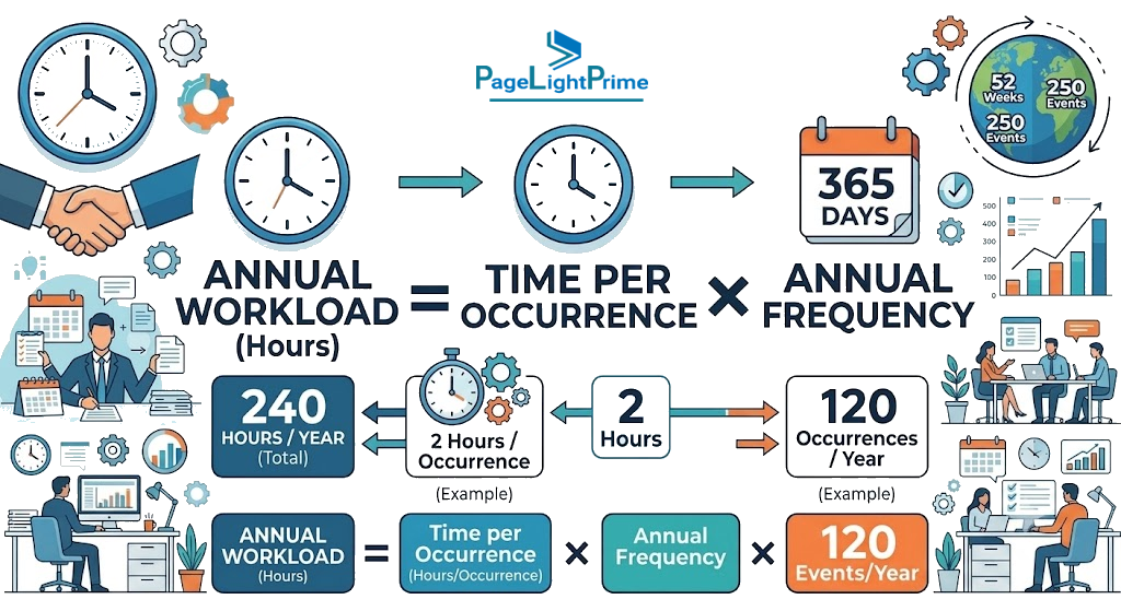 Financial Valuation from PASS to Economic Opportunity and ROI, introducing annual workload calculations based on time per occurrence and annual frequency