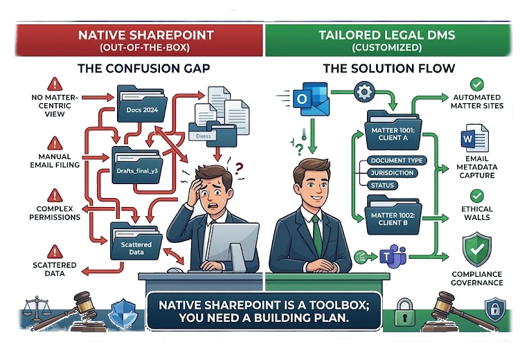 Legal document management system built on Microsoft SharePoint with matter workspaces and governance