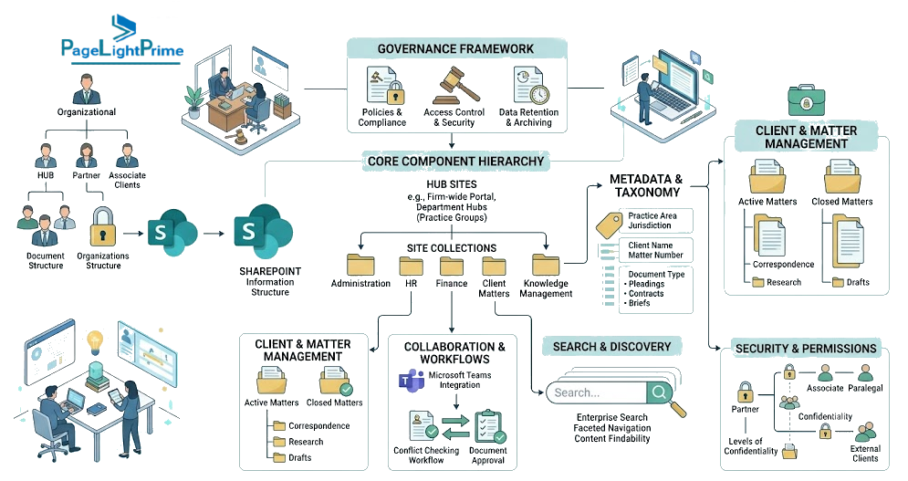 Legal information architecture in SharePoint organizing clients, matters, and document libraries